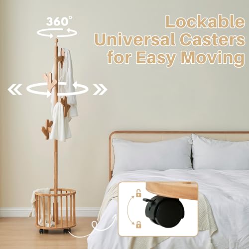 Uniclinens Solid Wood Coat Rack Freestanding with Umbrella Holder, Tree Coat Rack Stand with Lockable Universal Casters & 12 Hooks for Entryway Bedroom, Natural - color: Natural, size: Coat Tree