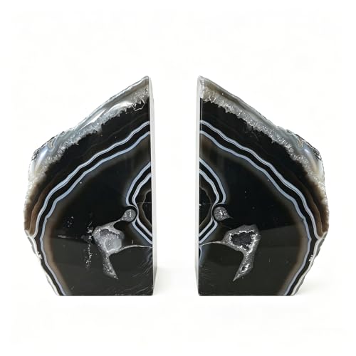 JIC Gem Black Agate Geode Bookends Rubber Bumpers Heavy Stoppers 4-6 Lbs | Heavy duty crystal Book ends Heavy Book stoppers Home office Shelf Decor Polished gemstone decorative bookends - color: Black Dyed, size: 4-6LBS.