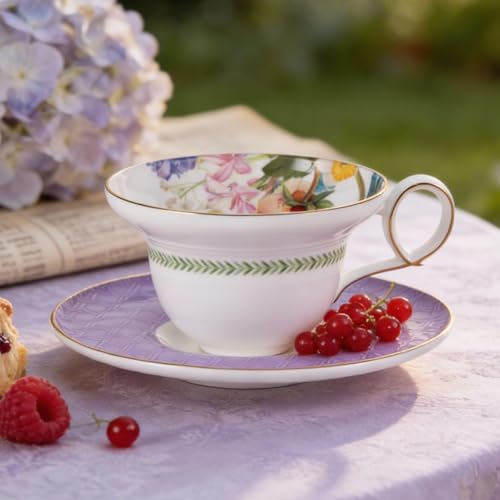 KAMMAK Tea Cups Set of 2,Ceramic Floral Pattern Demitasse Cup | Porcelain Espresso Cup with Saucer, 5.92 oz Handmade Elegant Bone China Tea Cups for Latte, Americano, Cappuccino - color: Vine (B.Purple+C.Yellow)
