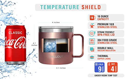 CHILLOUT LIFE Stainless Steel 16 oz - Vacuum Insulated Coffee Mug with Handle and Lid, Large Thermal Camping Coffee Mug Cup with Durable Sliding Lid for Women - Rose Gold - color: Rose Gold, size: 16 Ounces