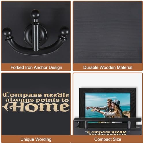 Picowe Wall Mounted Mail and Key Holder, Wooden Black Ship Style with 3 Anchor Hooks for Entryway, Farmhouse Wall Organizer for Mail & Keys