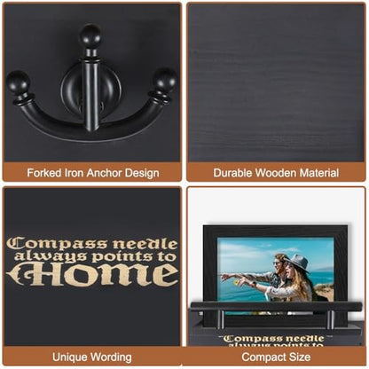 Picowe Wall Mounted Mail and Key Holder, Wooden Black Ship Style with 3 Anchor Hooks for Entryway, Farmhouse Wall Organizer for Mail & Keys