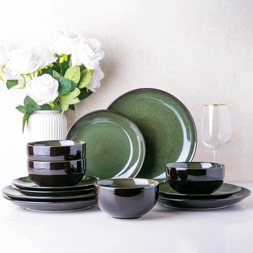 LERATIO Ceramic Dinnerware Sets for 4,12Pcs Stoneware Plates and Bowls Set | Handmade Reactive Glaze Ceramic Dishes Set,Oven & Microwave,Dishwasher Safe,Scratch Resistant - color: Dreamy Moonlight-Green, size: Service for 4-12pcs