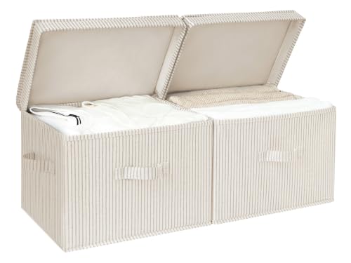 StorageWorks Fabric Storage Bins with Lids, Closet Storage Bins | Flip-Top Lid, 3 Handles, Collapsible, Stackable, for Clothes Blankets, Multi-Purpose, Large, Khaki and Beige Stripes, 2-Pack - color: Khaki and Beige Stripes, size: Large