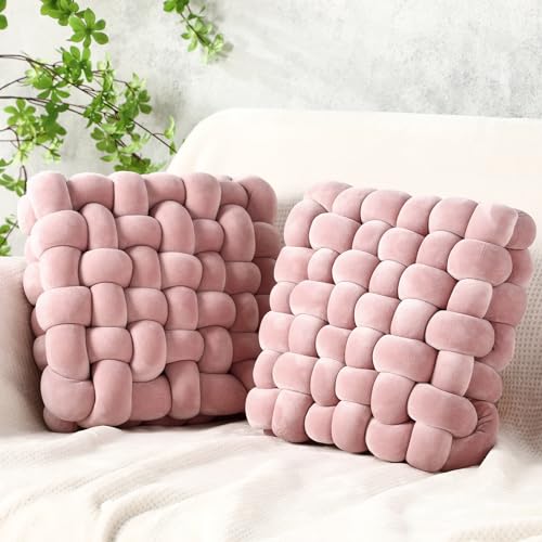 Wenqik 2 Pcs Knot Pillows Square Knotted Plush Throws Soft Accent Pillows Decoration Cushion for Couch Home Office Living Room Bedroom Bed Sofa Decor, 12'' x 13''(Haze Pink,Crystal Velvet) - color: Haze Pink