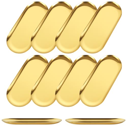 10PCS Stainless Steel Serving Tray Set Gold Platters for Serving Food Extra Small Metal Trays Decorative 7" Long Plate Oval Storage Trays Thickened Serving Dishes for Party Buffet Sushi Snack
