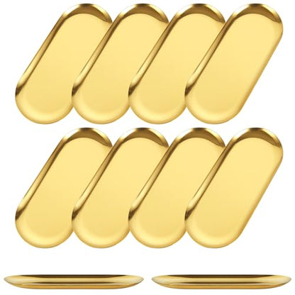 10PCS Stainless Steel Serving Tray Set Gold Platters for Serving Food Extra Small Metal Trays Decorative 7" Long Plate Oval Storage Trays Thickened Serving Dishes for Party Buffet Sushi Snack