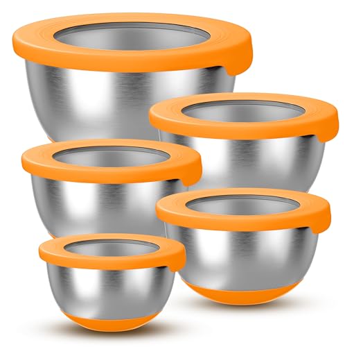 KITEISCAT Stainless Steel Mixing Bowls with Lids – Set of 5 Large Nesting Metal Bowls for Kitchen, Baking, Cooking, Food Prep & Storage, Non-Slip Base, Dishwasher Safe,Orange - color: Orange
