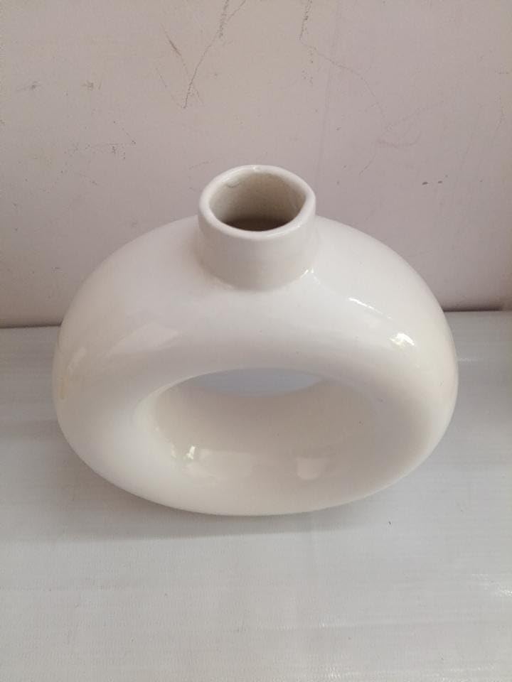White Ceramic Donut Vase, 6 Inch Modern Flower Vase for Pampas Grass, Dried Flowers, Home & Office Decor, Centerpiece, Handcrafted Gift Vase Only