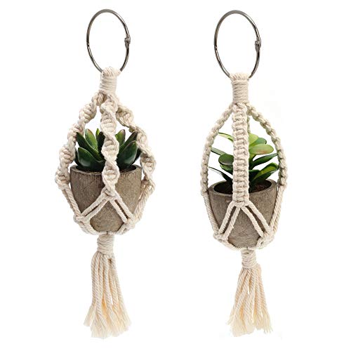 Mini Macrame Plant Hanger, 2 Pcs Plant Holder Car Charm, Handmade Car Rear View Hanging Planter Cotton Rope for Car Home Decorations, 4 Legs, 12 Inch