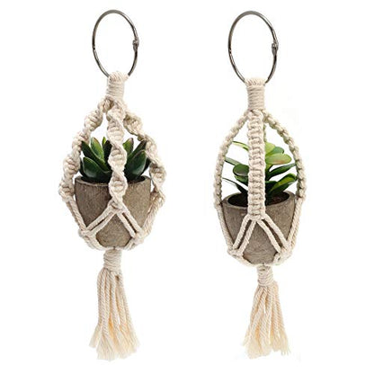 Mini Macrame Plant Hanger, 2 Pcs Plant Holder Car Charm, Handmade Car Rear View Hanging Planter Cotton Rope for Car Home Decorations, 4 Legs, 12 Inch