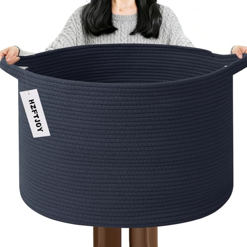 115L Extra Large Woven Cotton Rope Laundry Basket-Navy Blue | Collapsible, reinforced handles, nursery storage bin organizes clothes, toys and pillows for living room, bedroom bathroom - color: Dark Blue, size: 23.6"L x 23.6"W x 15.7"H(115L)