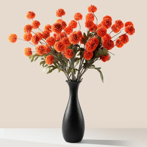 JAKY-Global Fall Flower Fake MUMS Artificial 10 Stems,Long Stems Silk Flowers Autumn Home Decor,Faux Floral Pompon Balls for Table Vase,Halloween Centerpieces,Wedding Arrangements - color: Orange Red