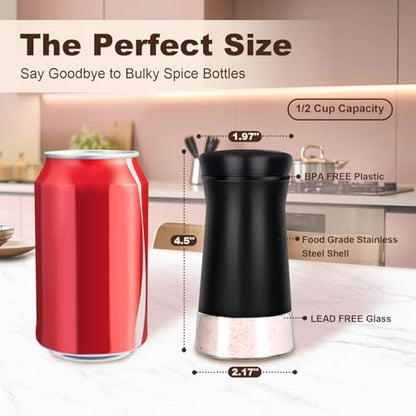 Black Salt and Pepper Shakers with Adjustable Pour Holes, Farmhouse Glass Salt Shaker with Stainless Steel Lids, Refillable Shaker by Aelga, Ideal for Himalayan, Kosher and Black Pepper - color: Black