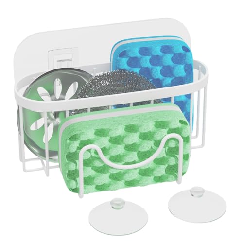 HapiRm Sponge Holder for Kitchen Sink - Sink Caddy with Unique M-Shaped, 2 Installation Methods Kitchen Organizer, Rustproof Stainless Steel Sponge Caddy - White - color: White, size: with M-shaped Holder