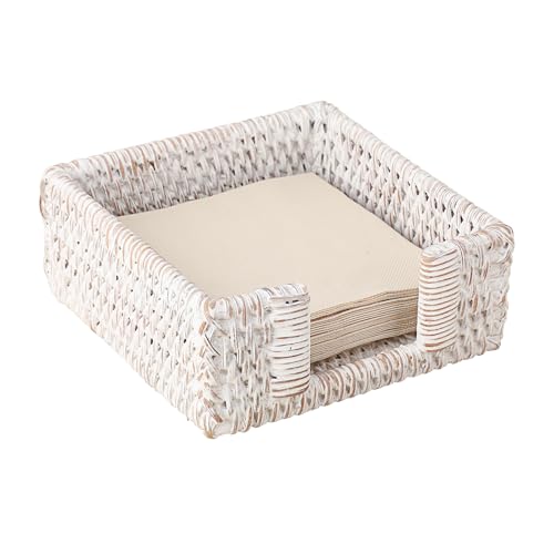 Sumnacon Napkin Holder for Table, Square Cocktail Napkin Holders, Wicker Rattan Napkin Dispenser Rustic Napkin Basket Tray for Dining Table Kitchen Countertop Picnic Party Bar, Vintage Whitewash - color: Whitewash, size: 5.9 x 5.9 Inch/Cocktail