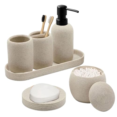Bathroom Accessory Set - 6PCS Bathroom Accessories Set, Bath Vanity Countertop Accessories with Soap Dish, Lotion Dispenser, Toothbrush Holder, Toothbrush Cup, Vantiy Tray, Qtip Holder (Beige,Black) - color: Beige,black