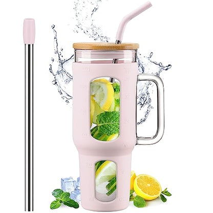 WINSA Glass Tumbler with Lid and Straw, 46 oz, Cotton Pink | Iced Coffee Cup with Handle, Large Water Bottle with Silicone Sleeve, Pearl Straw & Drinking Straw, BPA Free - color: CottonPink, size: 46 Ounces