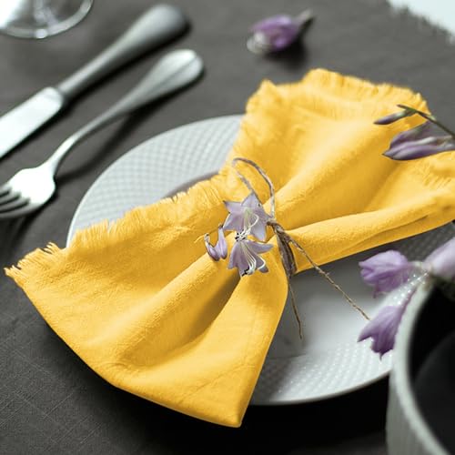 Handmade Cloth Napkins 100% Cotton Napkins with Fringe，Delicate Handmade Cloth Napkins for Dinners, Parties, Weddings and More，(18 x 18 Inch Set of 4) - Yellow - color: Yellow