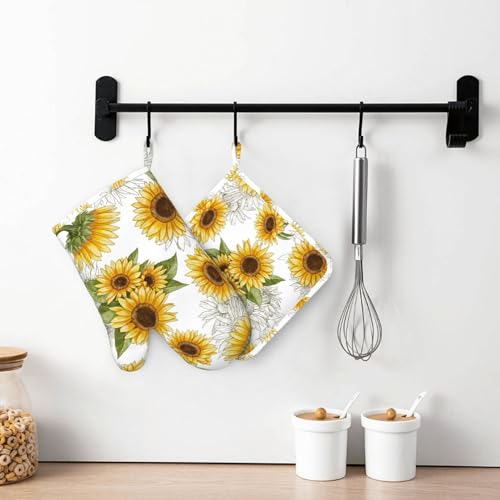 Yellow Sunflower Oven Mitts Pot Holders Set Silicone Heat Resistant Sunflowers Oven Mitts and Hot Pads Yellow Flowers Potholders Non-Slip Oven Gloves for Cooking Baking Grilling BBQ - color: Yellow