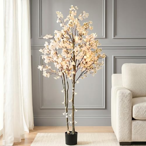 Artificial Cherry Blossom Tree with Lights 6ft Tall, Living Room Decor | White Faux Cherry Blossom Tree Indoor with LED String Lights, Japanese Sakura Tree For Office Home Decorations - color: White Tree