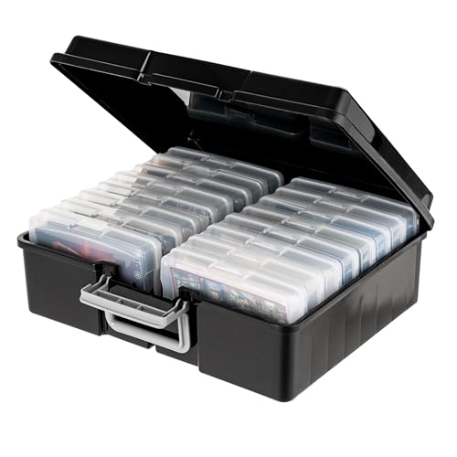 IRIS USA Photo Storage Box |Made in USA| 16 Cases - Black/Clear | Fits 4" x 6" Pictures / Built-In Handle / Organizing Containers for Tasks, Stickers, Ephemera & Flashcards - color: Black, size: 16 Cases (4x6), style: Handle Box