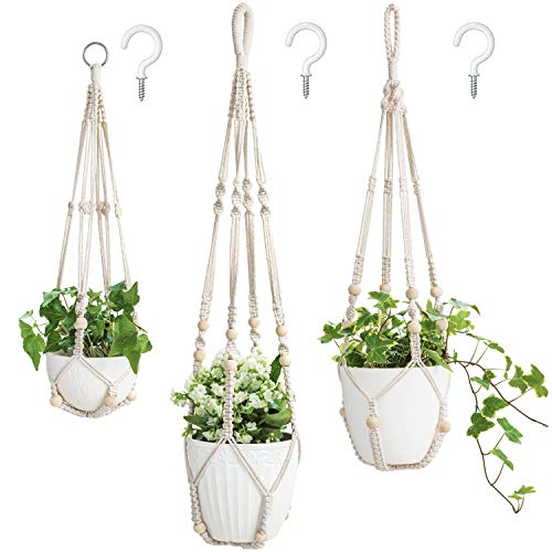 Mkono 3 Pack Macrame Plant Hangers Hanging Planters for Indoor Plants Ivory | 3 Sizes 35"/29"/23" Hanging Plant Holder Basket with Beads, Boho Home Decor for Patio Balcony Living Room, Pots Not Included - color: Ivory, size: Medium