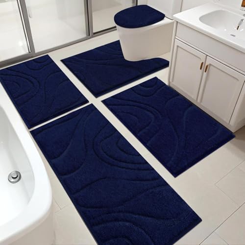 HEBE Bathroom Rugs Sets 5 Piece, Non Slip Washable Absorbent Bath Mat Set | Super Soft Plush Microfiber Bathroom Mats with Runner Set, Solid Bathmat with U-Shaped Toilet Rug Cover Set for Tub, Shower - color: Navy Blue, size: 18"x26"+20"x32"+20"x48"+U20"x
