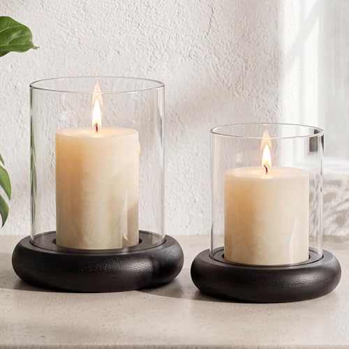 Set of 2 Black Hurricane Candle Holders with Wood Base, Modern Windproof Glass Cylinder Lantern, Farmhouse Pillar Candle Holder Decor for Table Centerpieces, Living Room, Patio & Kitchen Dining - color: Black