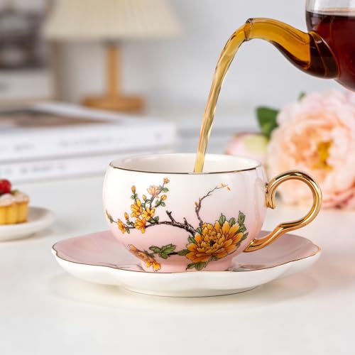 KAMMAK Tea Cups and Saucers Set of 2, Porcelain Coffee Cups, NX039 | Gold Rim, Stackable Espresso Mugs, Ceramic Demitasse for Coffee, Latte, Americano, Afternoon Tea, Elegant Gift for Women - size: 8CZNX039+40