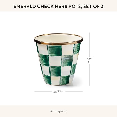 MACKENZIE-CHILDS Enamel Herb Pot Set, Small, Green-and-White Emerald Check | Hand-painted design, small plant pots for herbs or flowers, 3.5" dia. x 3.25" H, 8-ounce capacity per pot, set of 3 - color: Emerald Check