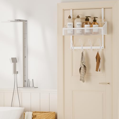 Over The Door Hooks Organizer, Back of Door Organizer with 12 Coat Hooks & Mesh Baskets Over The Door Towel Rack Door Hanger Storage Rack for Bathroom,Kitchen,Bedroom(White) - color: White, size: 1 Mesh Basket