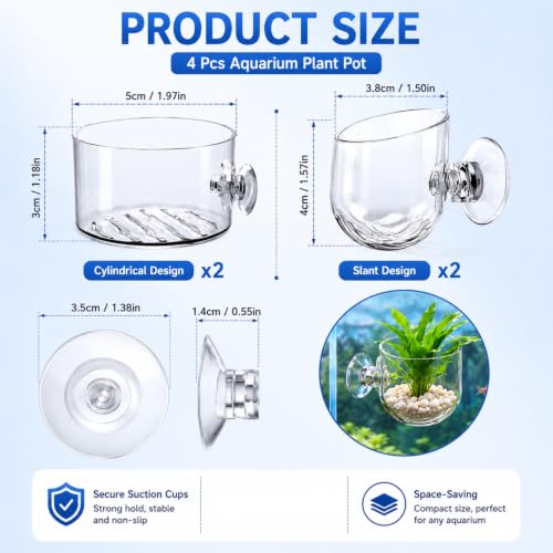 2Pcs Aquarium Plant Pot, Fish Tank Planter with Suction Cups, Plants Holder Decoration Cup