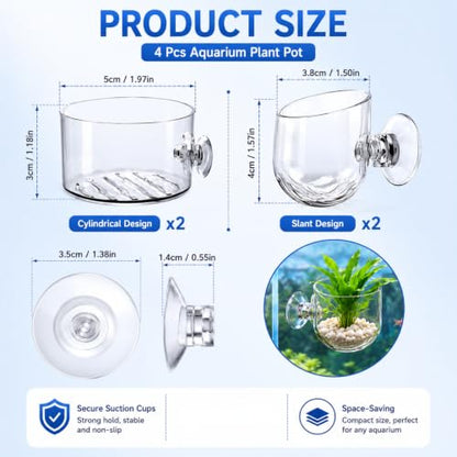 2Pcs Aquarium Plant Pot, Fish Tank Planter with Suction Cups, Plants Holder Decoration Cup