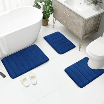 BYSURE Navy Blue Memory Foam Bathroom Rug Set 3 Piece, Non Slip Extra Soft Absorbent Bath Mats, Machine Washable & Dry Toilet Mat Sets for Bathroom Floor | Non Slip Extra Soft Absorbent Machine Washable Toilet Bath Toilet Mat 17"x24"+20"x32"+U Shape 20"x2