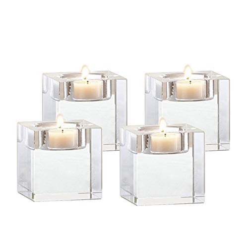 4 Pcs Clear Crystal Candle Holders, 2×2×1.6 inch Square Tealight Candle Holders Solid Square Tea Light Holders for Table Centerpiece Wedding Decor and Dinner Party Home Decor Candlelight