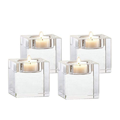 4 Pcs Clear Crystal Candle Holders, 2×2×1.6 inch Square Tealight Candle Holders Solid Square Tea Light Holders for Table Centerpiece Wedding Decor and Dinner Party Home Decor Candlelight