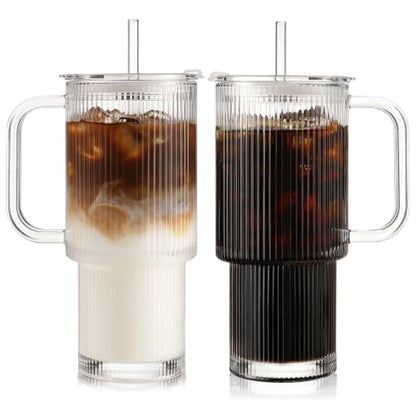 Iced Coffee Cups with Lids 2Pcs: Ribbed Glass Tumbler with Straw and Lid 24oz - Coffee Bar Accessories - Glass Cups and Tumblers with Lids and Straws - Tumbler Leak Proof - Coffee Tumbler with Handle - color: Handled