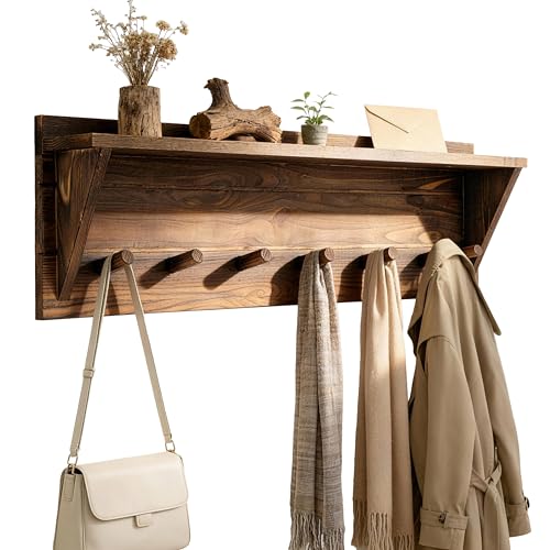 WEBI Coat Rack Wall Mount with Shelf,30" Long Entryway Wall Shelf with Hooks Underneath,7 Peg Hooks for Hanging Coats,Caps,Jacket,Clothes,Brown - color: Brown, size: 30 Inch