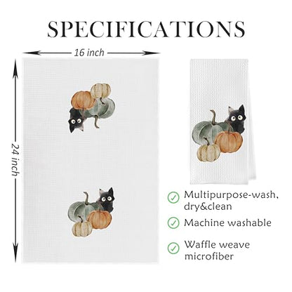 Fall Pumpkin Dish Towels Set - Fall Pumpkin Gifts Waffle Weave Kitchen Towels, Black Cat Gifts Hand Tea Towels, Fall Black Cat Bathroom Kitchen Decor (16×24 Inches Set of 2) - color: Fall-2