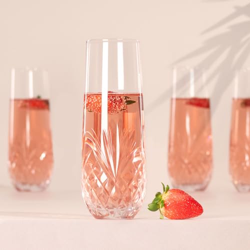 SHOSHIN Hand-Cut Crystal Stemless Champagne Flutes – Perfect for Parties, Weddings, and Celebrations – Elegant Set of 8 Champagne Glasses, 9.5 oz - color: Agave set of 8