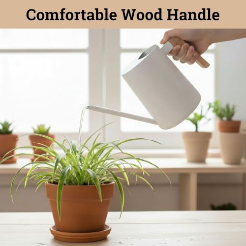 Metal Small Indoor Watering Can with Long Spout & Real Wood Handle, 35oz | Long Spout, Stainless Steel, Real Wood Handle, Gentle Flow, No Spills, Suitable for House Plants, Succulents & Seedlings - color: White