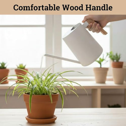 Metal Small Indoor Watering Can with Long Spout & Real Wood Handle, 35oz | Long Spout, Stainless Steel, Real Wood Handle, Gentle Flow, No Spills, Suitable for House Plants, Succulents & Seedlings - color: White