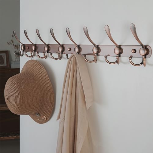 Coat Rack Wall Mount - 29.5” Long 8-Tri-Hooks Heavy Duty Coat Hanger Rail Wall Hooks for Hanging Coats Hats Clothing Clothes Purse Mudroom Entryway, Red Antique Copper - color: Antique Copper, size: L=29.5” (1 Pcs)