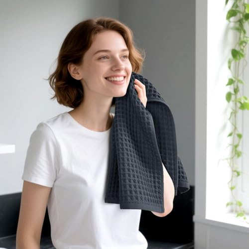 Jacquotha Waffle Hand Towels for Bathroom 2-Piece (Charcoal Blue) | Cotton Quick Dry Lint Free Face Towels 13” x 29” - color: Charcoal Blue