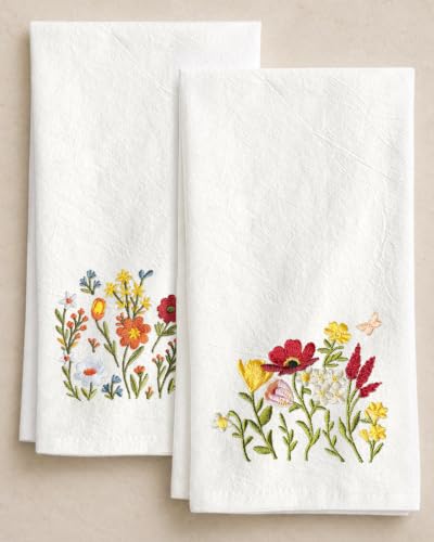 Embroidered Flour Sack Kitchen Towels, Gerbera Daisy | Exquisite Embroidery, Pure Cotton, Lightweight, Nostalgic Design, with Hanging Loop, Softer After Wash, Machine Washable - color: Gerbera Daisy