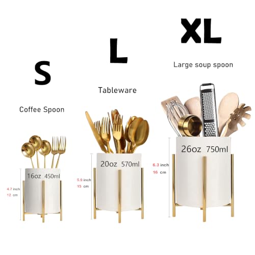 2pcs Sturdy Cutlery Holder White Ceramic With Metal Bracket Robust Silverware Caddy For Countertop - Spoon Holder Silverware Caddy - color: Gold white, size: S