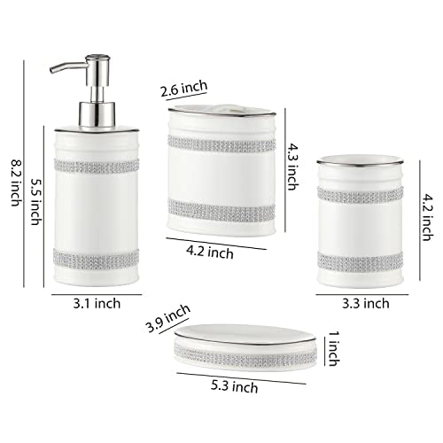 Bathroom Accessories Set, 4-Piece Ceramic Bath Accessory Complete Set with Lotion Dispenser/Soap Pump, Tumbler, Soap Dish and Toothbrush Holder (Rhinestones, White)