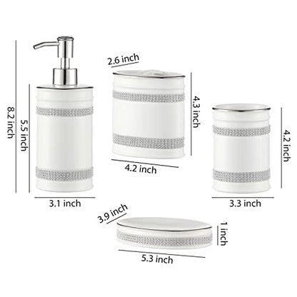 Bathroom Accessories Set, 4-Piece Ceramic Bath Accessory Complete Set with Lotion Dispenser/Soap Pump, Tumbler, Soap Dish and Toothbrush Holder (Rhinestones, White)