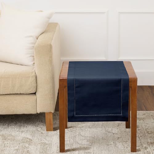 Solino Home Cotton Linen Table Runner Navy, Hemstitch Collection 14 x 36 in | Table Runners for nightstands, end tables, coffee tables and dressers | soft plain weave, artisan crafted | machine washable - color: 14: Navy, size: 14 X 36 Inch